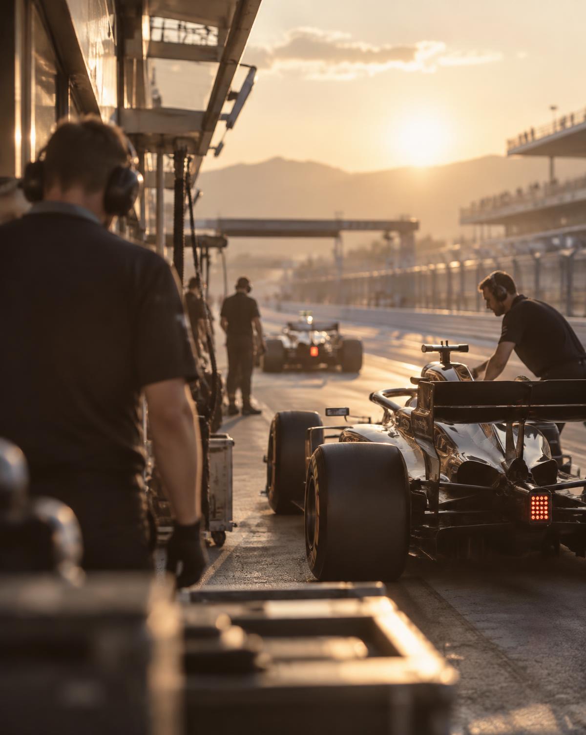 Formula 1 pit lane at golden hour